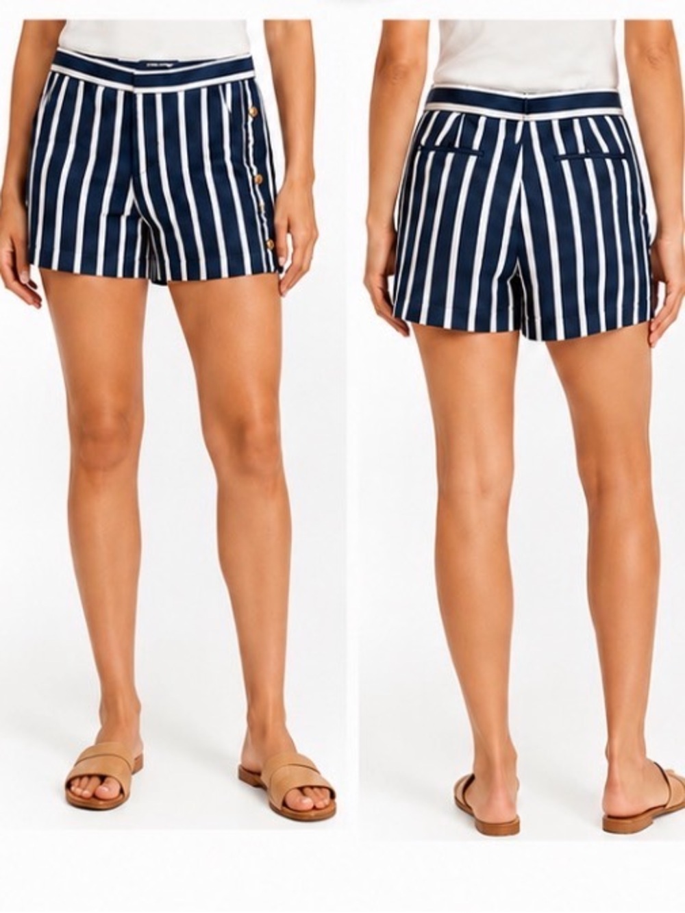 Banana Republic Ryan Shorts
Navy White Striped Size 14
Gold Button summer Chic